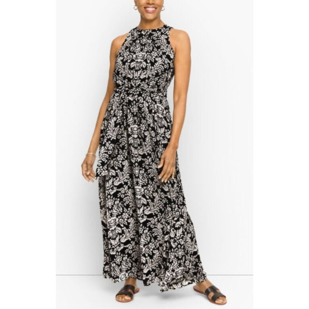 Talbots Midi Dress 10 Black Ivory Gray Floral Sleeveless Medallion Belt Washable